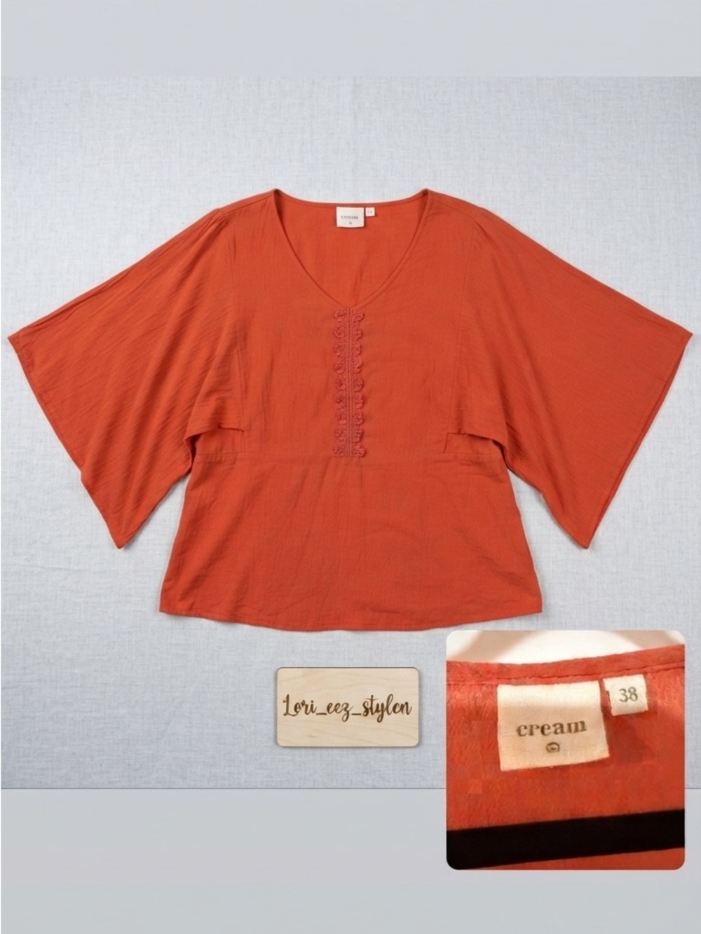 Cream Brand Women's Burnt Orange V-Neck Peasant Blouse
